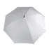 A white golf umbrella with a central pole and a black handle. It features an umbrella design and has a logo.