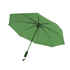 A green umbrella with a black frame and handle, featuring a logo on the handle.
