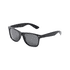 Black sunglasses with dark lenses, featuring a logo on the side. Designed for leisure and outdoor activities.