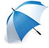 A blue and white golf umbrella with a curved handle and a logo on the shaft.