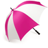 A pink and white golf umbrella with a curved handle and a logo on the handle.