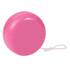 A pink plastic yo-yo with a white string attached, featuring a smooth, glossy surface.