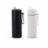 A drink bottle featuring a 650ml stainless steel thermos in black and white, with a silicone handle and a straw.