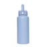 A drink bottle in light blue with a handle and a lid. Features a smooth surface and has a logo.