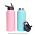 A drink bottle set featuring a pink and a turquoise 1L vacuum bottle, each with different lid options.