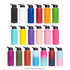 A drink bottle display featuring various colours, including black, white, green, blue, pink, and more, with flip top lids.