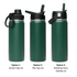 A drink bottle in green with three different lid options: screw cap, flip top, and rotating carry handle.
