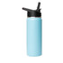A drink bottle in a pale blue colour with a black flip top lid and a logo.