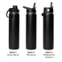 A drink bottle in matte black with three lid options: screw cap, flip top, and rotating carry handle.