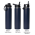 A drink bottle featuring a dark navy finish, with three lid options: screw cap, flip top, and rotating carry handle.