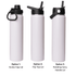 A drink bottle trio in white, featuring a screw cap lid, flip top lid, and rotating carry handle lid.