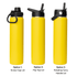 A drink bottle in yellow with three different lid options: screw cap, flip top, and rotating carry handle.