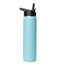 A drink bottle in light blue with a black flip top lid and a logo. Suitable for keeping beverages hot or cold.