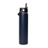 A drink bottle in navy blue with a black rotating carry handle lid and a logo. Ideal for keeping beverages hot or cold.