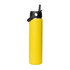 A drink bottle in vibrant yellow with a black rotating carry handle lid and a logo on the side.