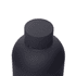 A drink bottle in matte black finish with a rounded lid and a simple design. It features a logo on its side.