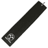 A black golf towel with a textured surface and a loop for hanging, featuring a logo at one end.