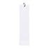 A cotton golf towel in white featuring a hanging loop and a stitched hem.