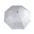 A white golf umbrella featuring a black handle and a logo, designed for outdoor use.