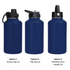 A drink bottle in navy blue with three lid options: screw cap, flip top, and rotating carry handle.