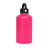 A drink bottle in vibrant pink with a black lid and a rotating carry handle. It features a logo on the side.