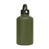 A drink bottle featuring a matte olive green finish with a black rotating carry handle lid. It has a logo.