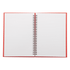 A spiral bound notebook with plain white lined pages and a red cover. It has a logo on the front.
