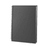 A black A5 spiral-bound notebook with a plain cover and visible spiral binding.