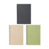 A set of three notebooks featuring black, beige, and green covers with spiral bindings, each displaying a simple design.