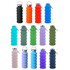 A drink bottle collection in various colours, featuring a collapsible design and a metal cap, with branding on some bottles.