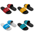 A set of PU sublimated slides, featuring black, yellow, and blue colour options with various branding elements.