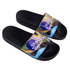 PU sublimated slides featuring a colourful patterned strap and a black footbed. The product has a logo on the strap.