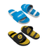 A pair of blue and white slides alongside a pair of black and yellow slides, both featuring logos.