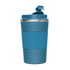 A drink bottle with a teal exterior and a silver band, featuring a lid with a spout and a textured grip.