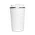 A white coffee cup with a textured grip and a silver band. It has a lid and features a logo.