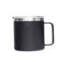 A black 400ml coffee mug with a stainless steel lid and handle. Features a branding logo.