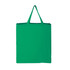 A green cotton tote bag with two handles, featuring a blank design and no visible branding.