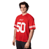 A red NFL jersey with white stripes, featuring the number 50, worn by a model in a standing pose.