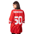 A red NFL jersey with white lettering and numbers, featuring a logo on the back.