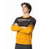 A yellow and black crew jumper featuring a logo and bold text design. The model stands with arms crossed.