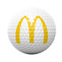 A white golf ball featuring a yellow logo on its surface. The ball has a textured, dimpled design.