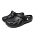 Black clog slides with ventilation holes and a strap, featuring a logo on one side.