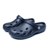 Navy blue clog slides with ventilation holes and a swivel strap, accompanied by a logo.