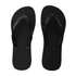 A pair of black rubber thongs with a textured footbed and a logo on the straps.