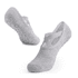 A pair of grey yoga socks with crisscross straps and textured soles for added grip. Features a logo.