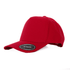 A red cotton cap with a curved brim and Velcro closure, featuring a logo on the side.