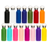 A drink bottle collection featuring various colours, including black, white, blue, green, red, pink, and purple, with metal lids.