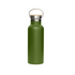 A drink bottle in matte green with a bamboo lid and a stainless steel cap, featuring a metal handle.