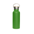 A drink bottle in matte green featuring a stainless steel body and a bamboo lid, with a metal handle.