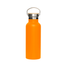A drink bottle in vibrant orange with a stainless steel base and bamboo lid, featuring a metal handle and logo.